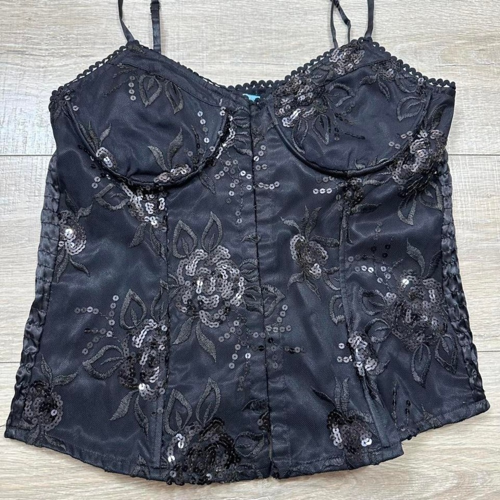 Y2K Ole Ole Black Cami Sequin Floral Embroidery Top Smocked Back Women's Medium - Picture 7 of 9